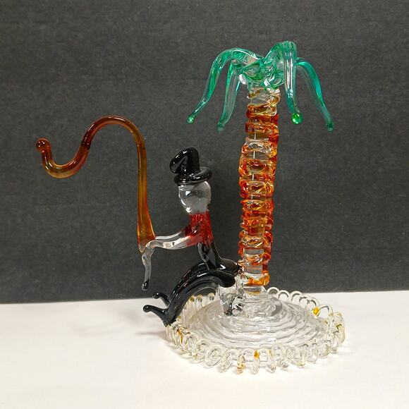 Hand Blown Spun Art Glass Man Fishing Under Palm Tree Figurine - Picture 3 of 11